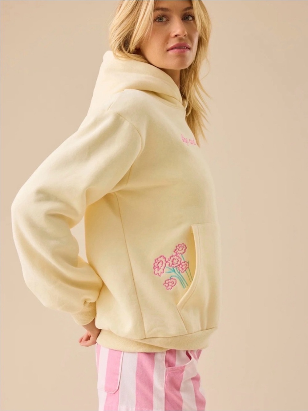 Altar'd State Cream Hoodie with Pink Script Embroidery - Picture 3 of 7
